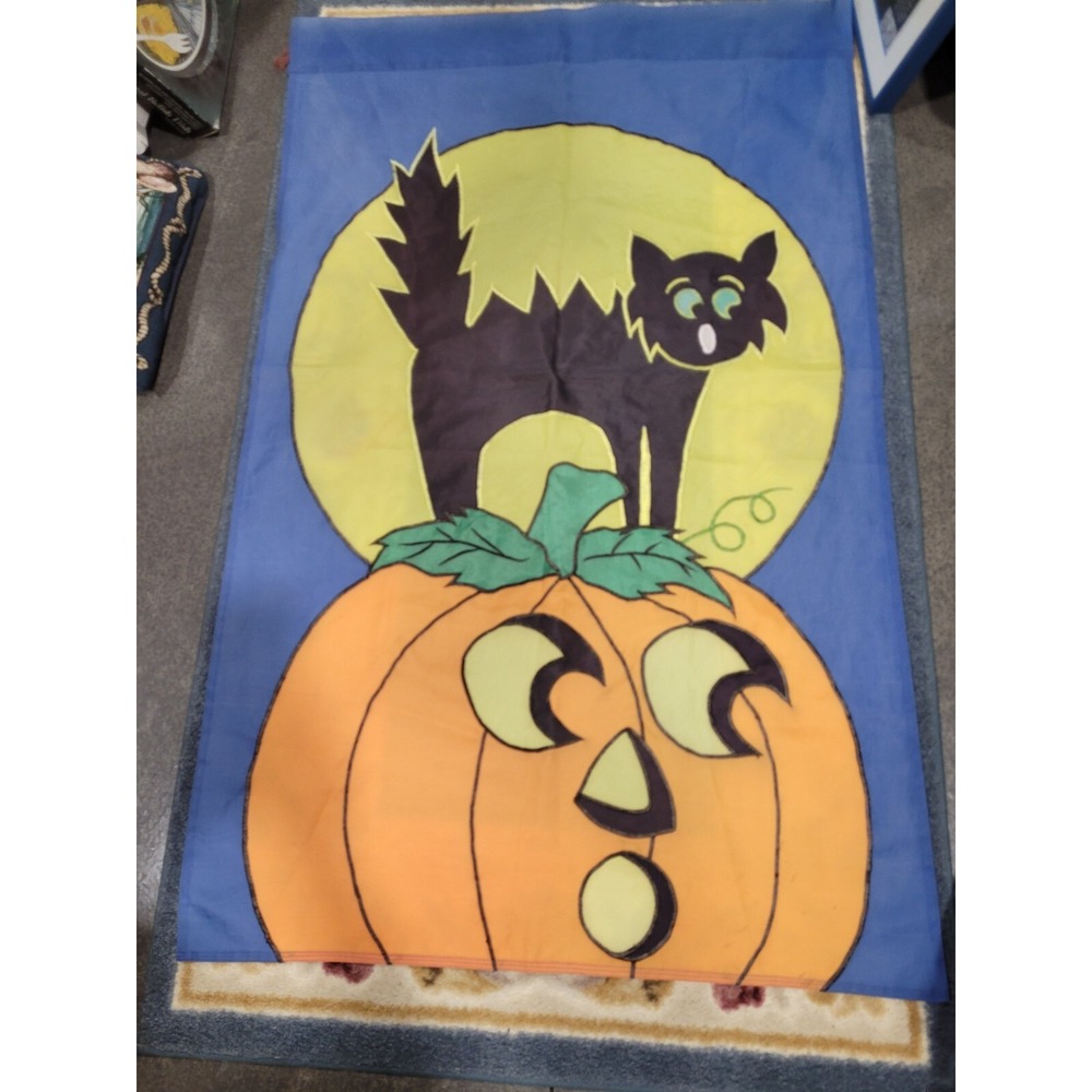 Lg Halloween Garden Yard Flag Black Cat On Pumpkin W Full Moon About 27" X 44